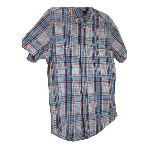 Tommy Hilfiger men blue orange plaid short sleeves button shirt size XS - Picture 7 of 7